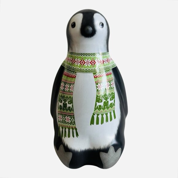Vintage Penguin Tin Candy Box Ornament Scarf 11" Container Italy Christmas Decor - Picture 1 of 4